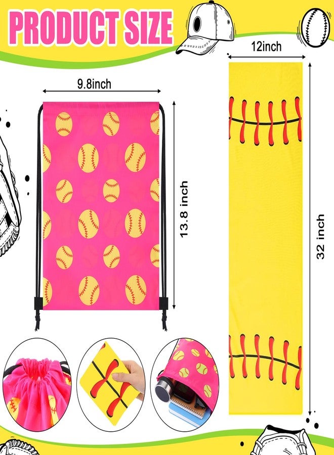 Cosblank 72 Pcs Softball Party Favors Include 12 Softball Foam Stress Ball 12 Keychains 12 Hair Scrunchies 12 Hair Ties 12 Pcs Drawstring Bags 12 Cooling Towel (Pink) - Image 2